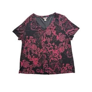 Dark Floral Knit Top Womens Plus 2X Short Sleeve Shirt Whimsigoth Dark Fairy